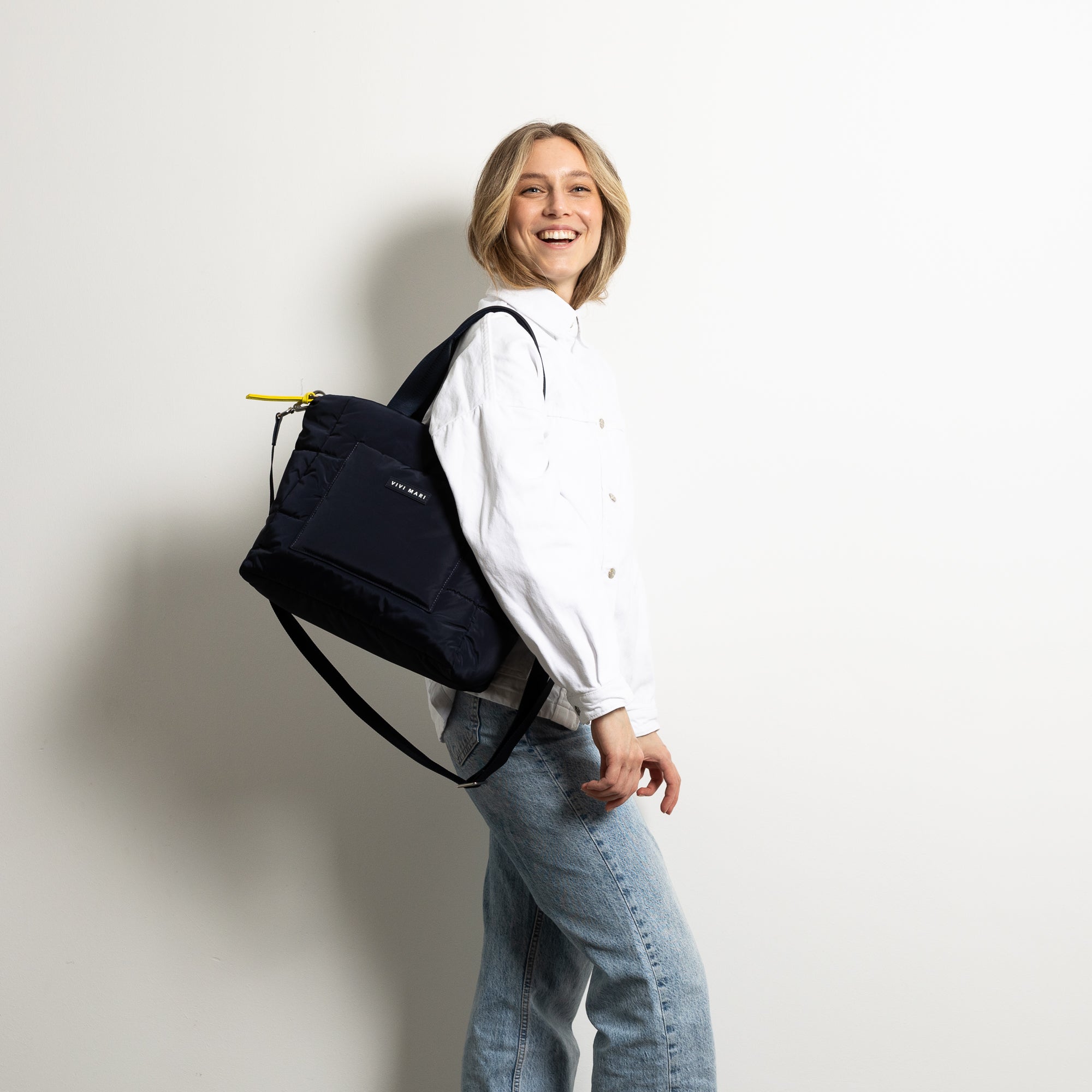 padded tote bag medium + strap basic woven slim - navy - VIVI MARI