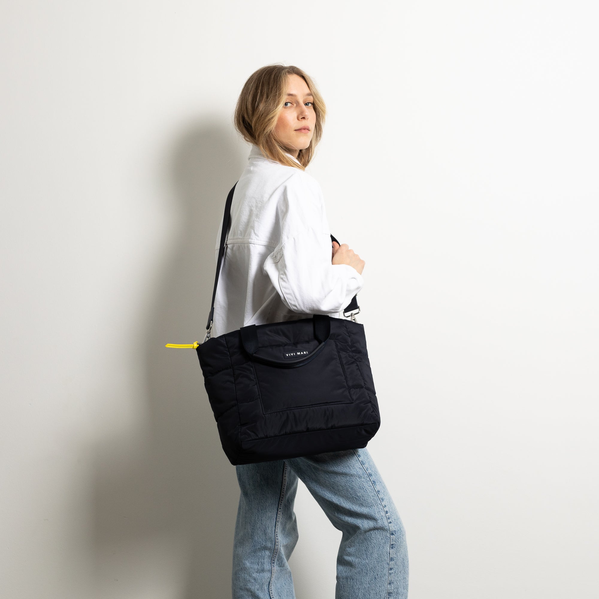 padded tote bag medium + strap basic woven slim - navy - VIVI MARI