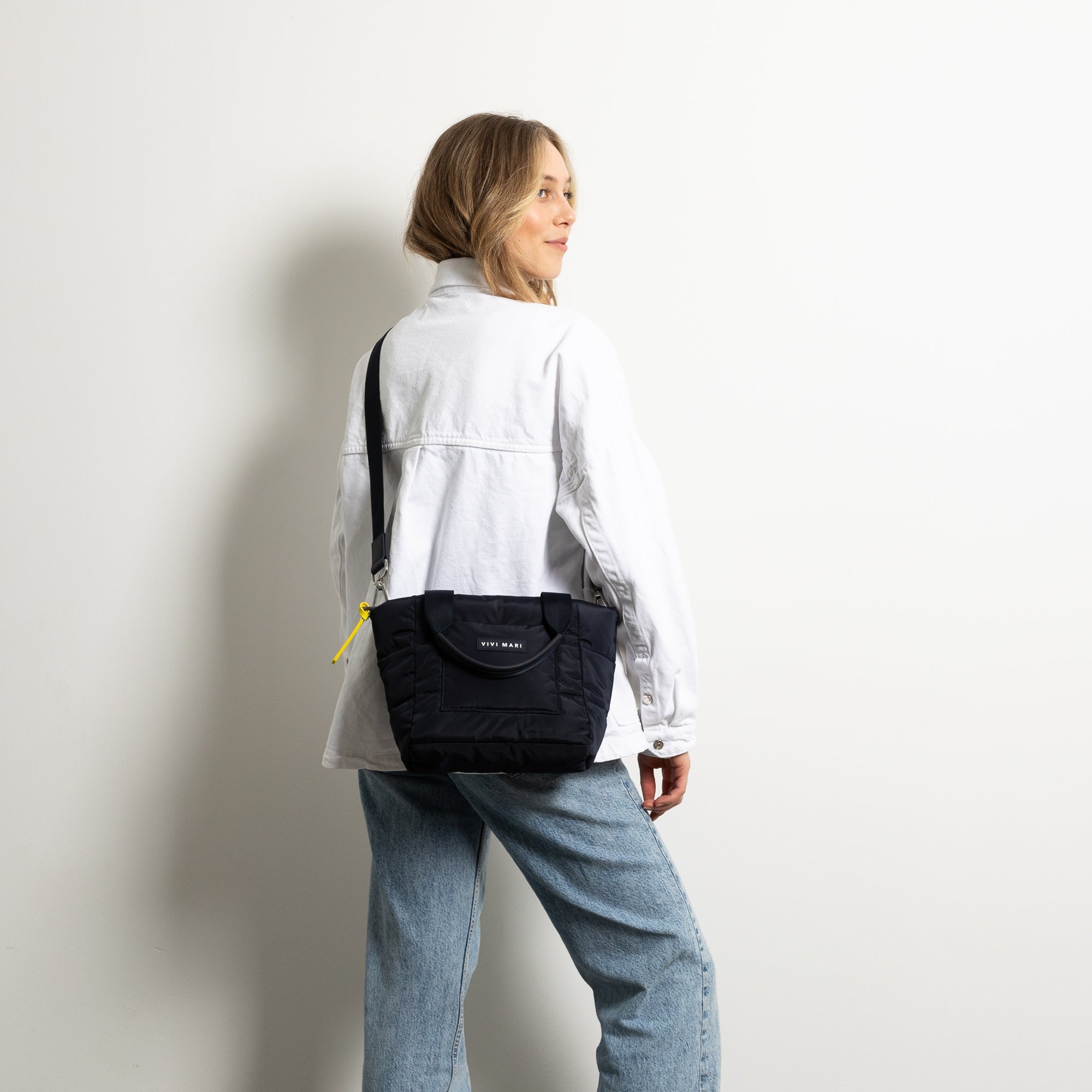 padded tote bag small + strap basic woven slim - navy - VIVI MARI