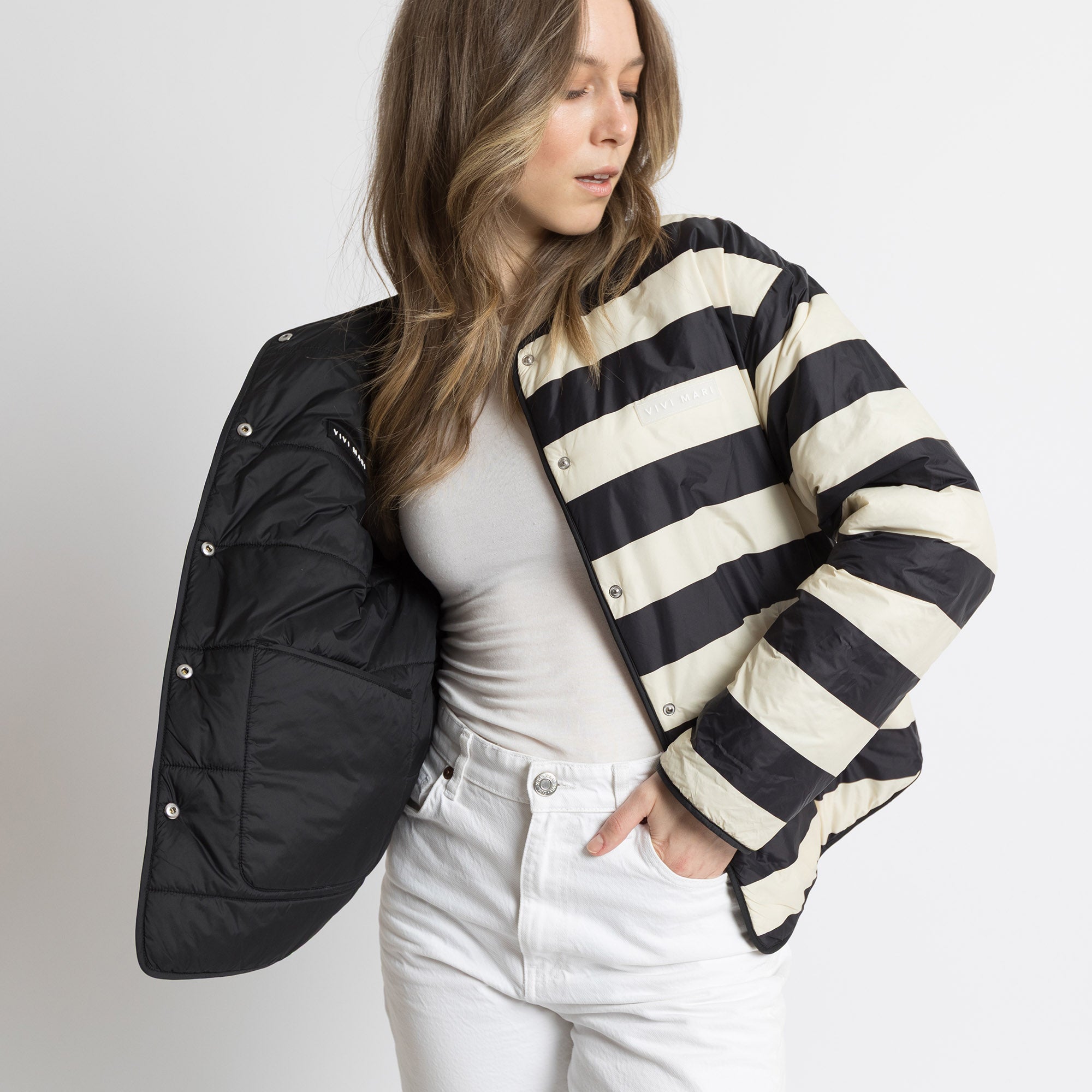 Ultra Light Puffer Jacket black/bold stripes black - sand - VIVI MARI