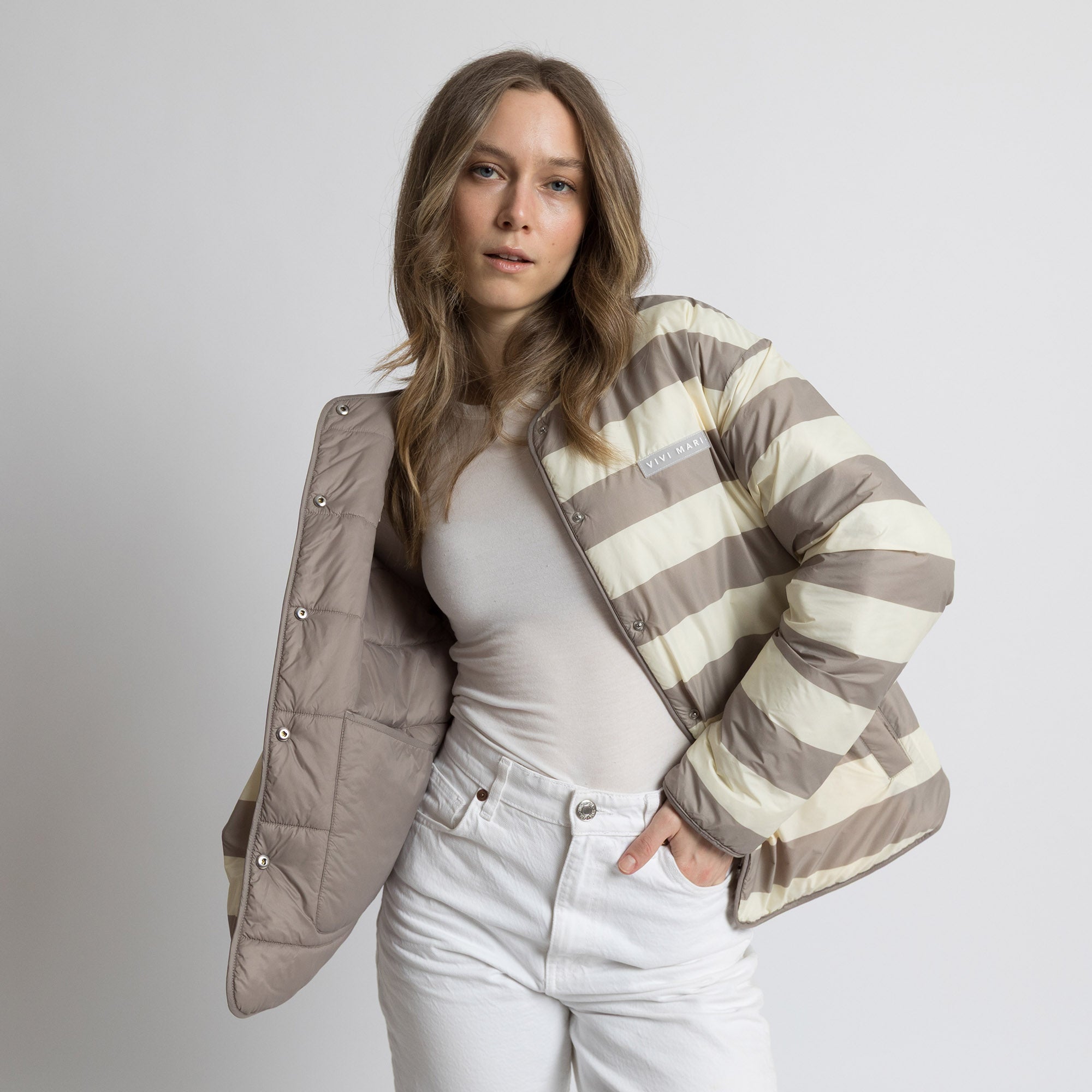 Ultra Light Puffer Jacket mushroom/bold stripes mushroom - sand - VIVI MARI