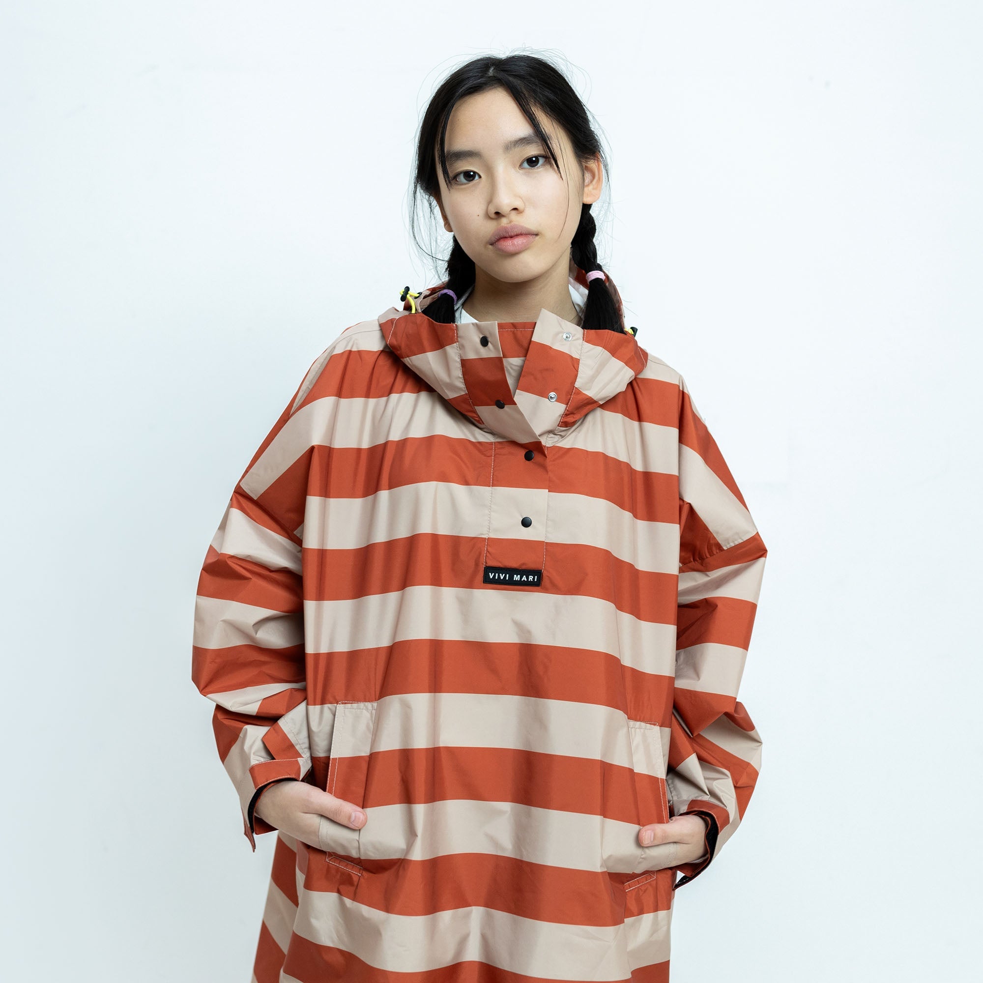 Kids Raincoat bold stripes cinnamon/latte - VIVI MARI