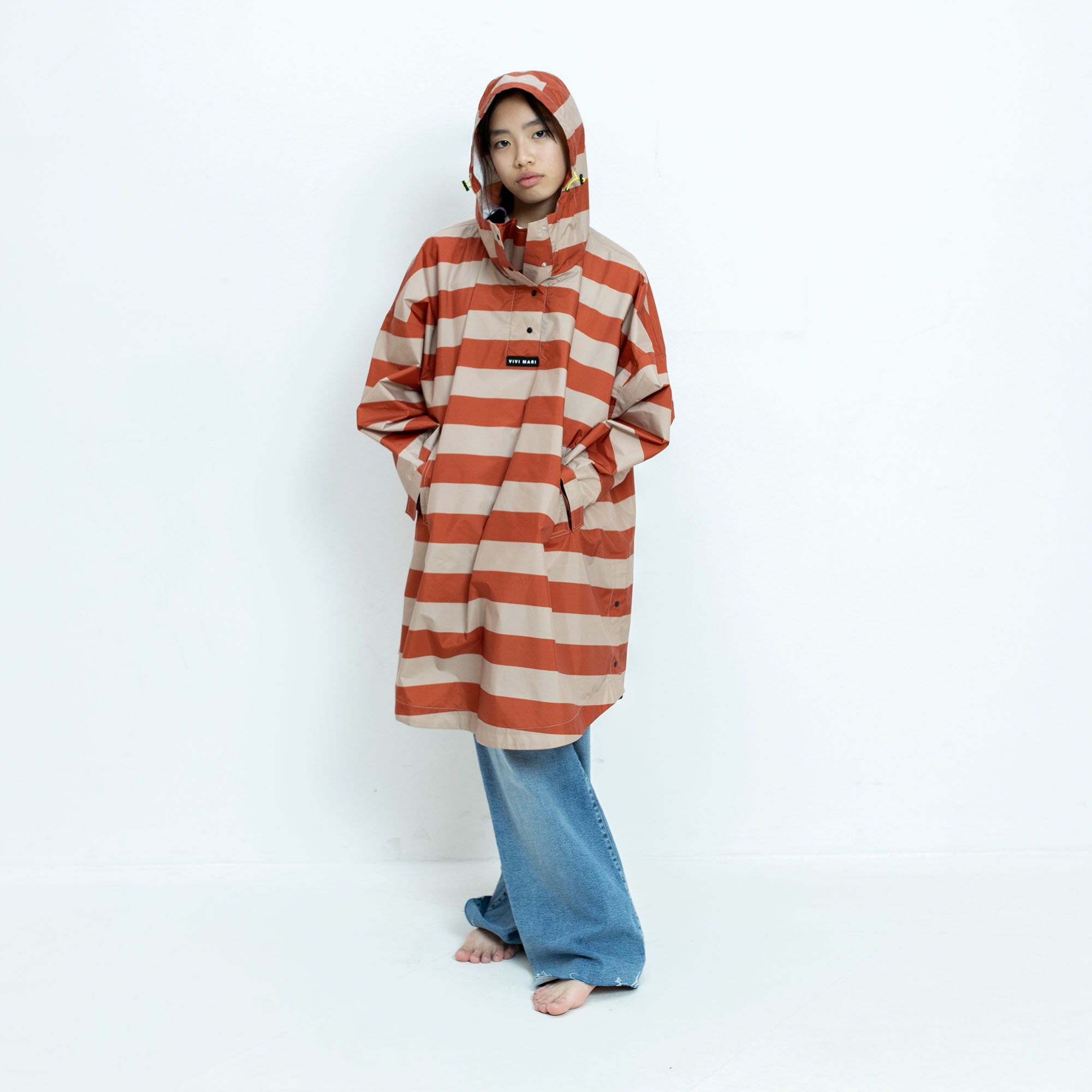 Kids Raincoat bold stripes cinnamon/latte - VIVI MARI