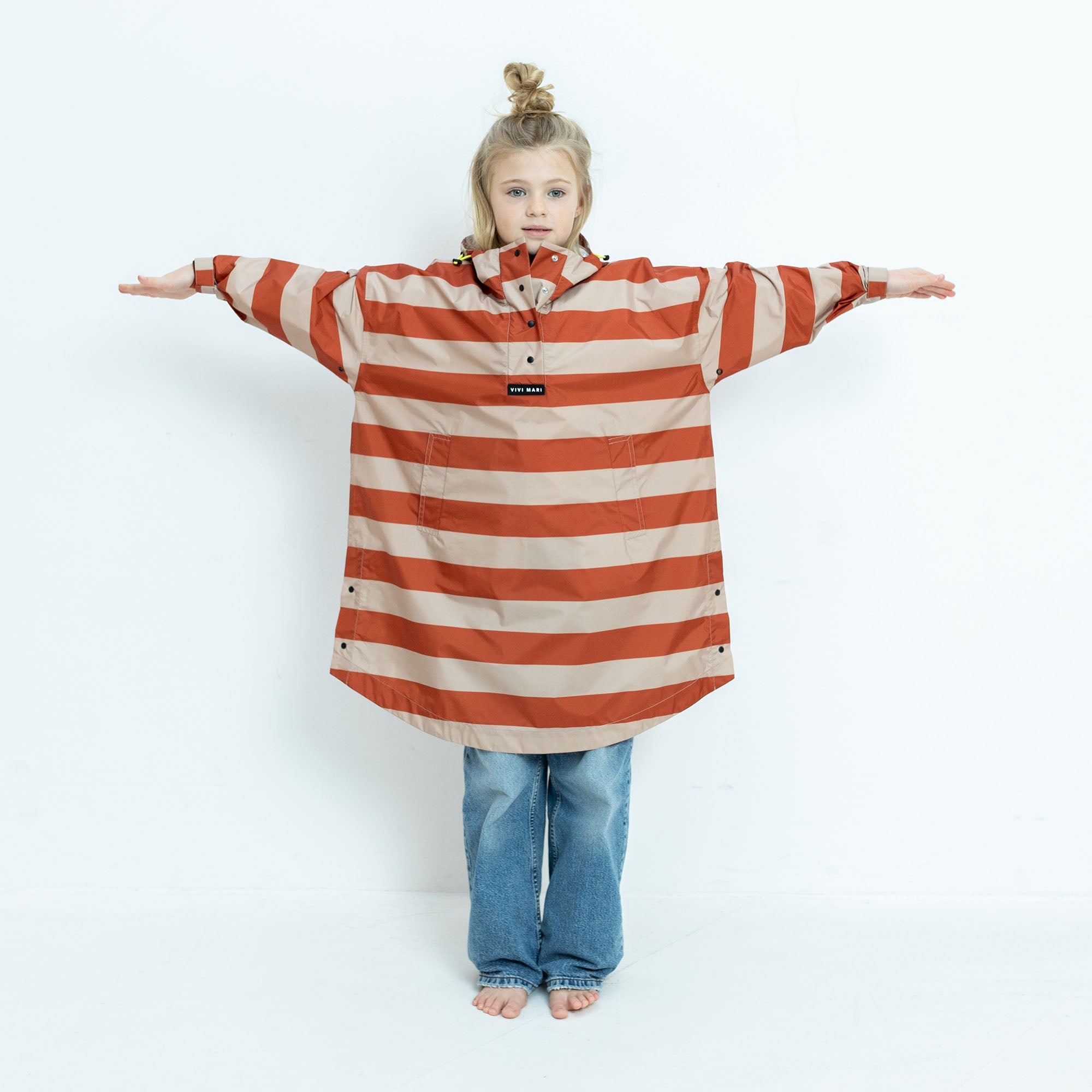Kids Raincoat bold stripes cinnamon/latte - VIVI MARI