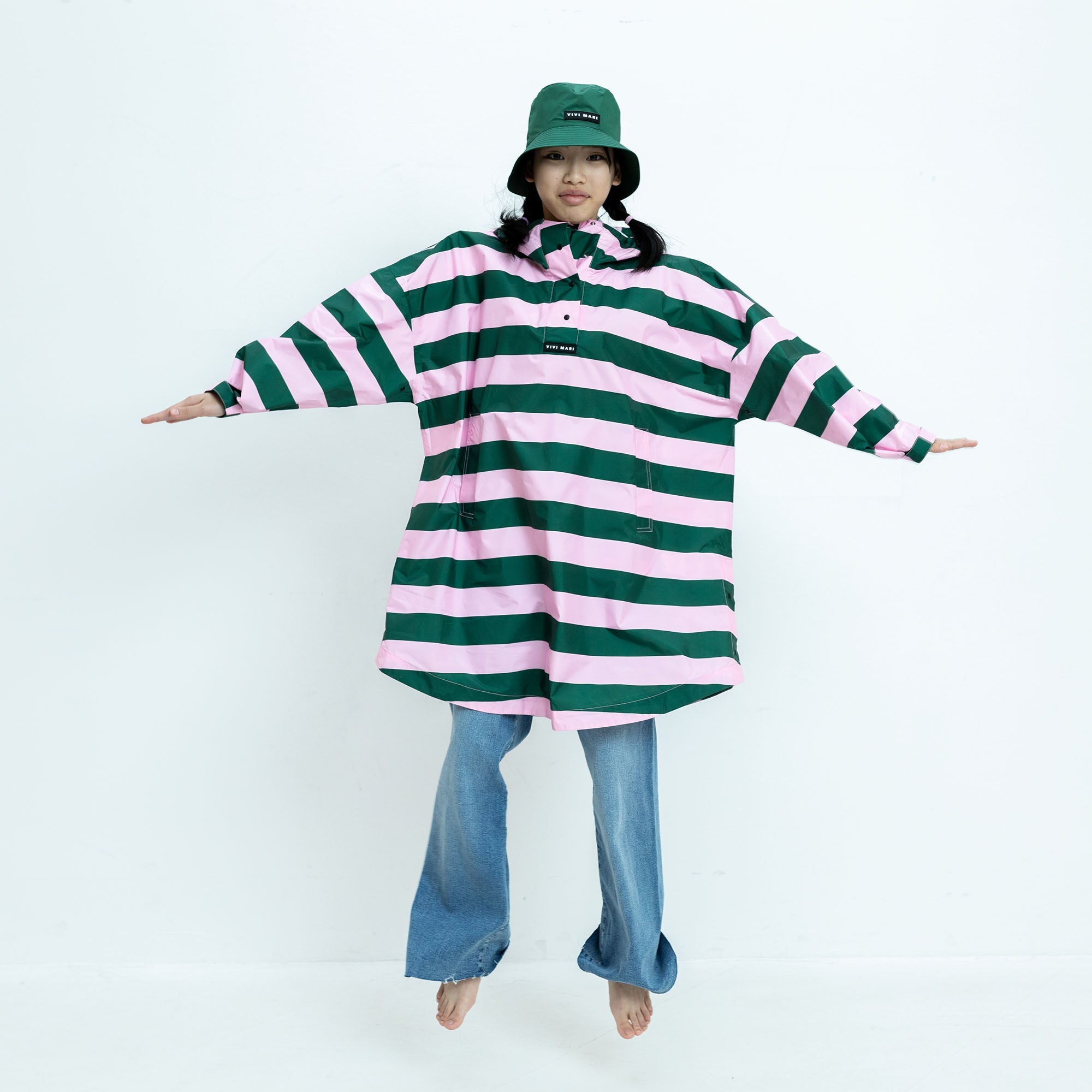 Kids Raincoat bold stripes green/rosé - VIVI MARI