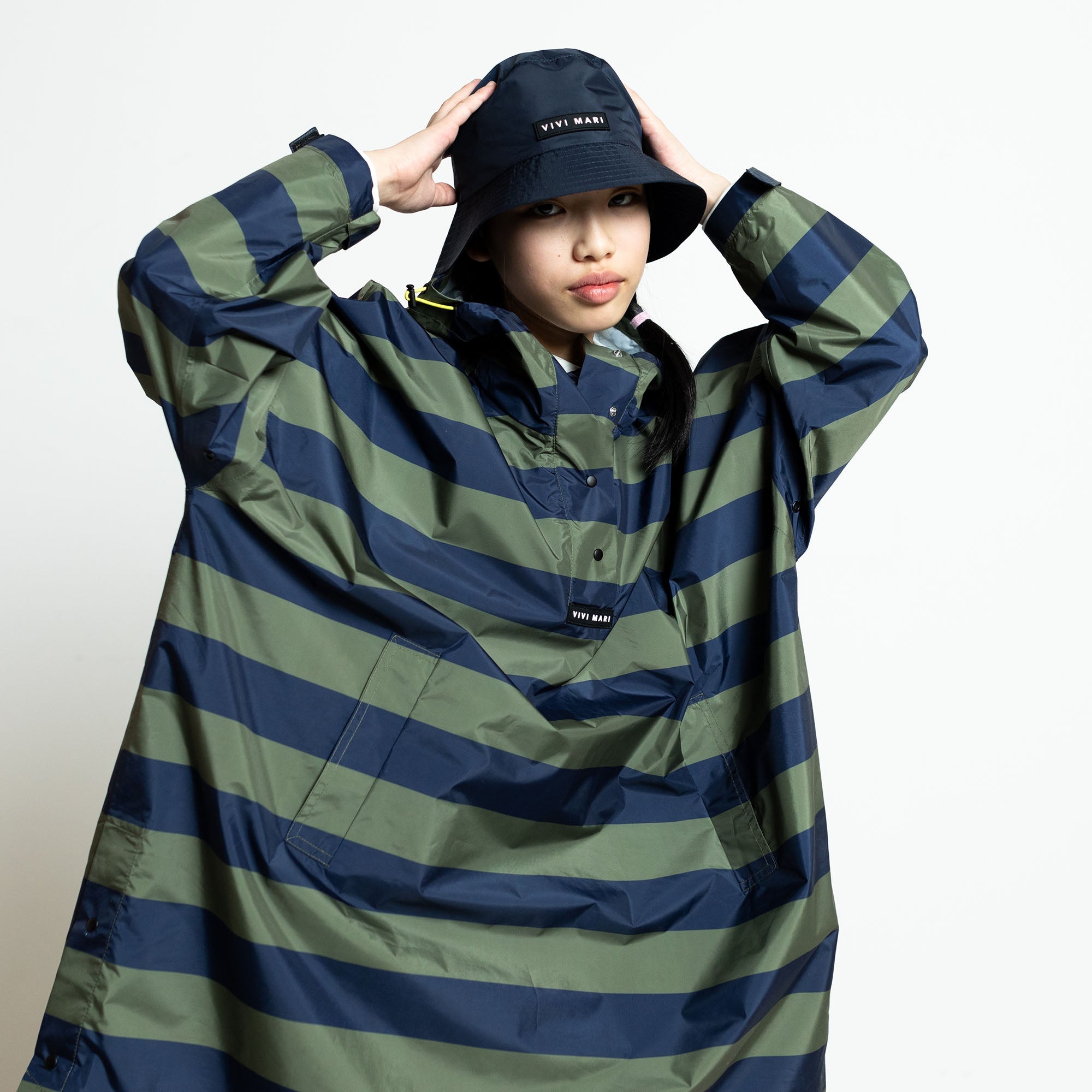 Kids Raincoat bold stripes navy/olive - VIVI MARI