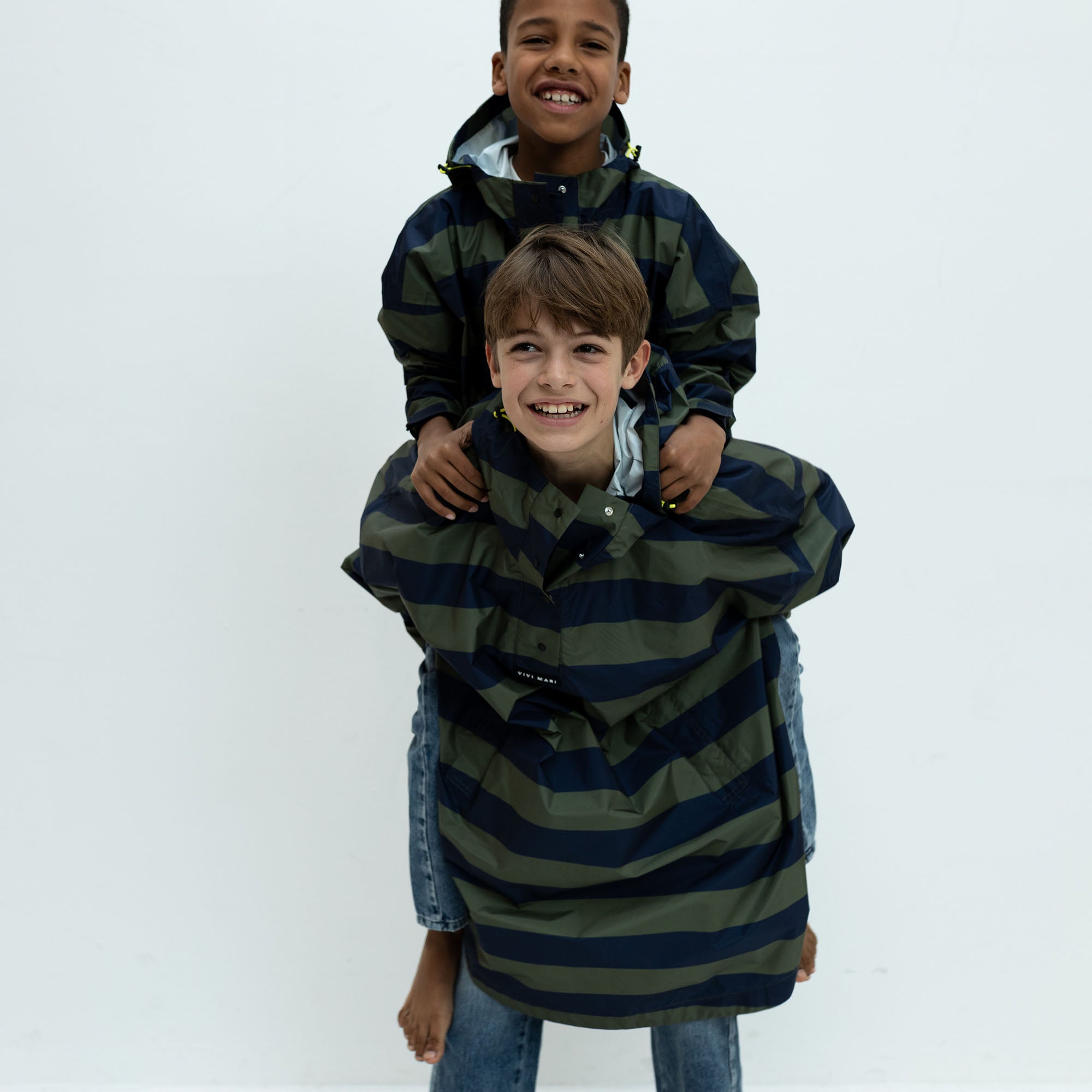 Kids Raincoat bold stripes navy/olive - VIVI MARI