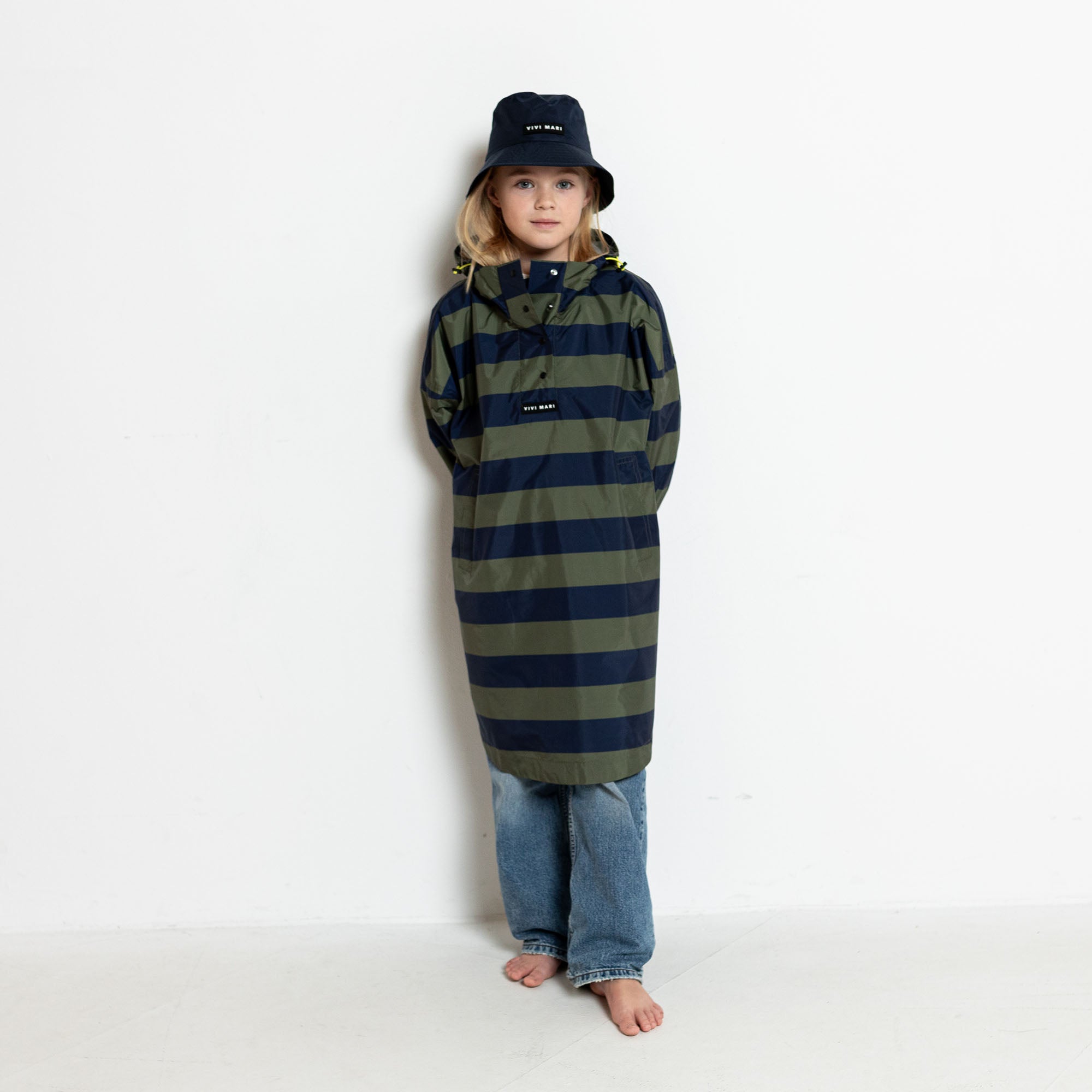 Kids Raincoat bold stripes navy/olive - VIVI MARI