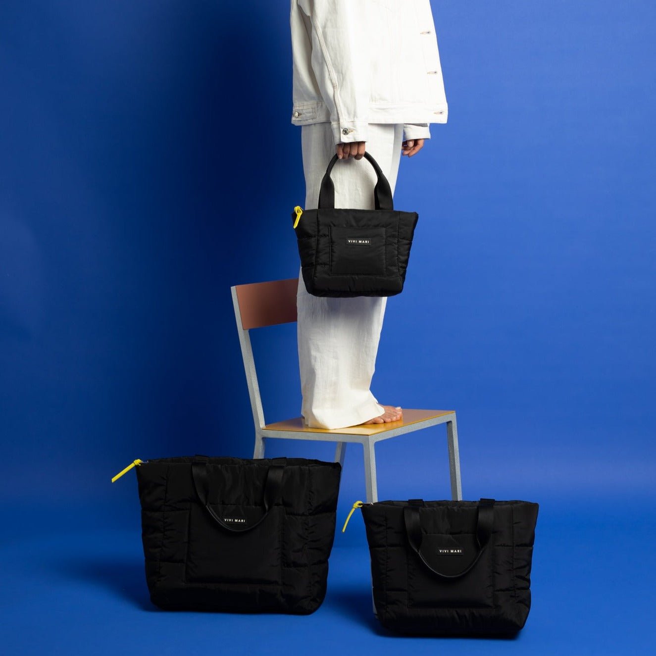 padded tote bag large + strap basic woven slim - black - VIVI MARI