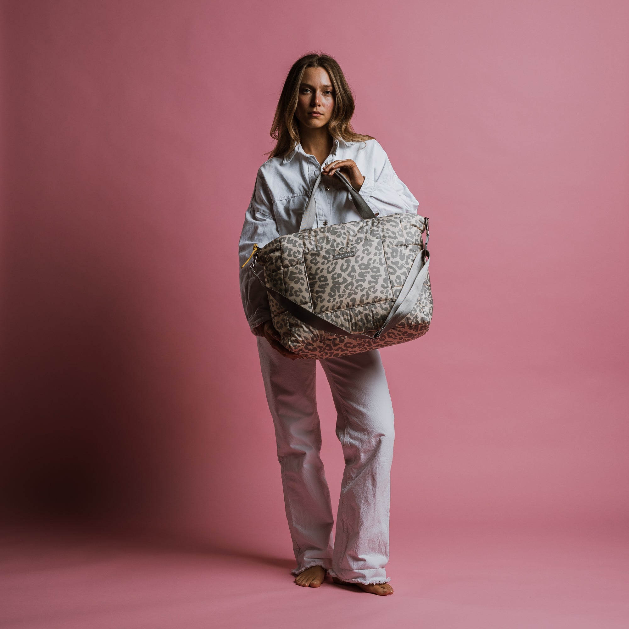 padded tote bag large + strap basic woven slim - leo splashes grey/sand - VIVI MARI