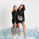 padded tote bag medium + strap basic woven slim - leo splashes black/sand - VIVI MARI