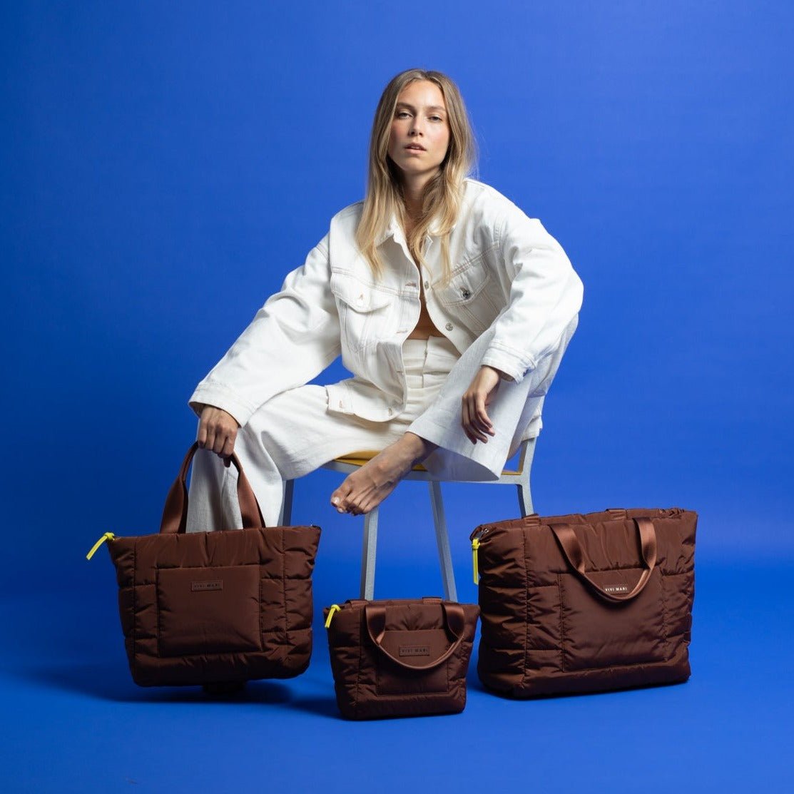 padded tote bag medium + strap basic woven slim - tan - VIVI MARI