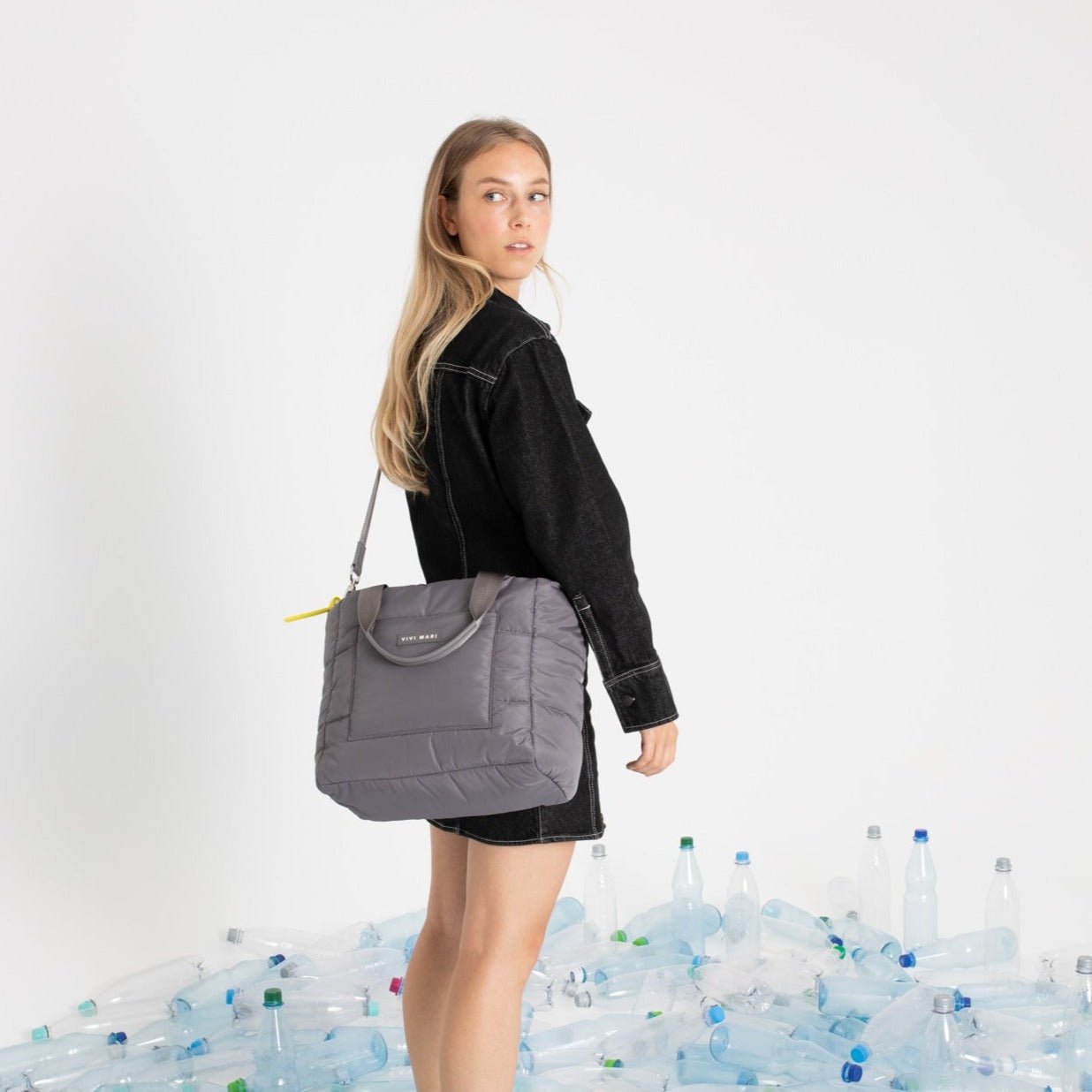 padded tote bag medium + strap basic woven slim - taupe - VIVI MARI