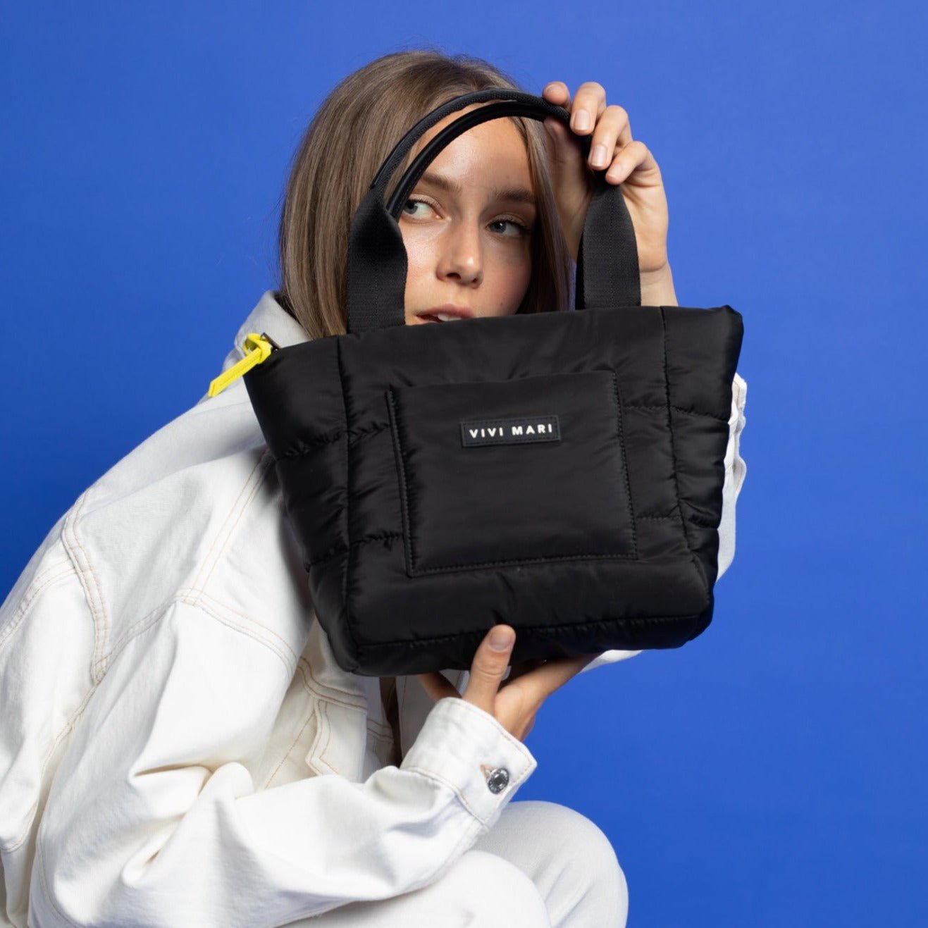 padded tote bag small + strap basic woven slim - black - VIVI MARI
