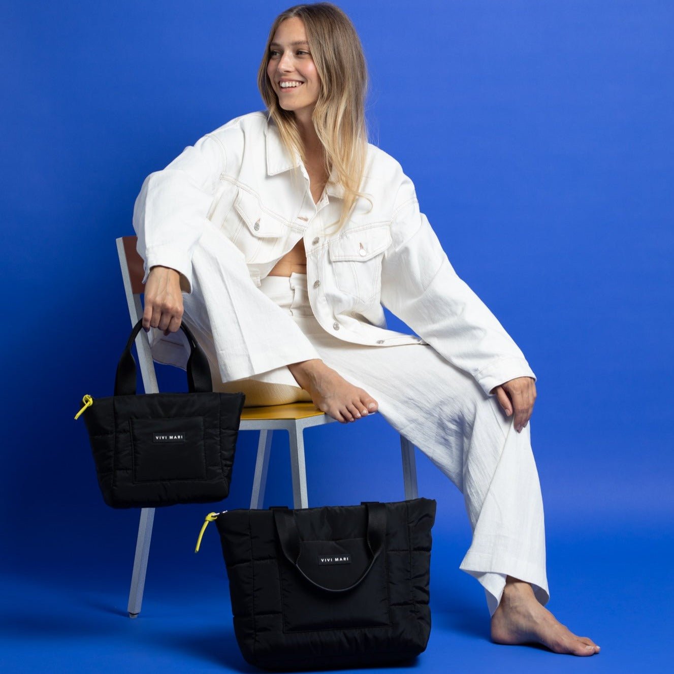 padded tote bag small + strap basic woven slim - black - VIVI MARI