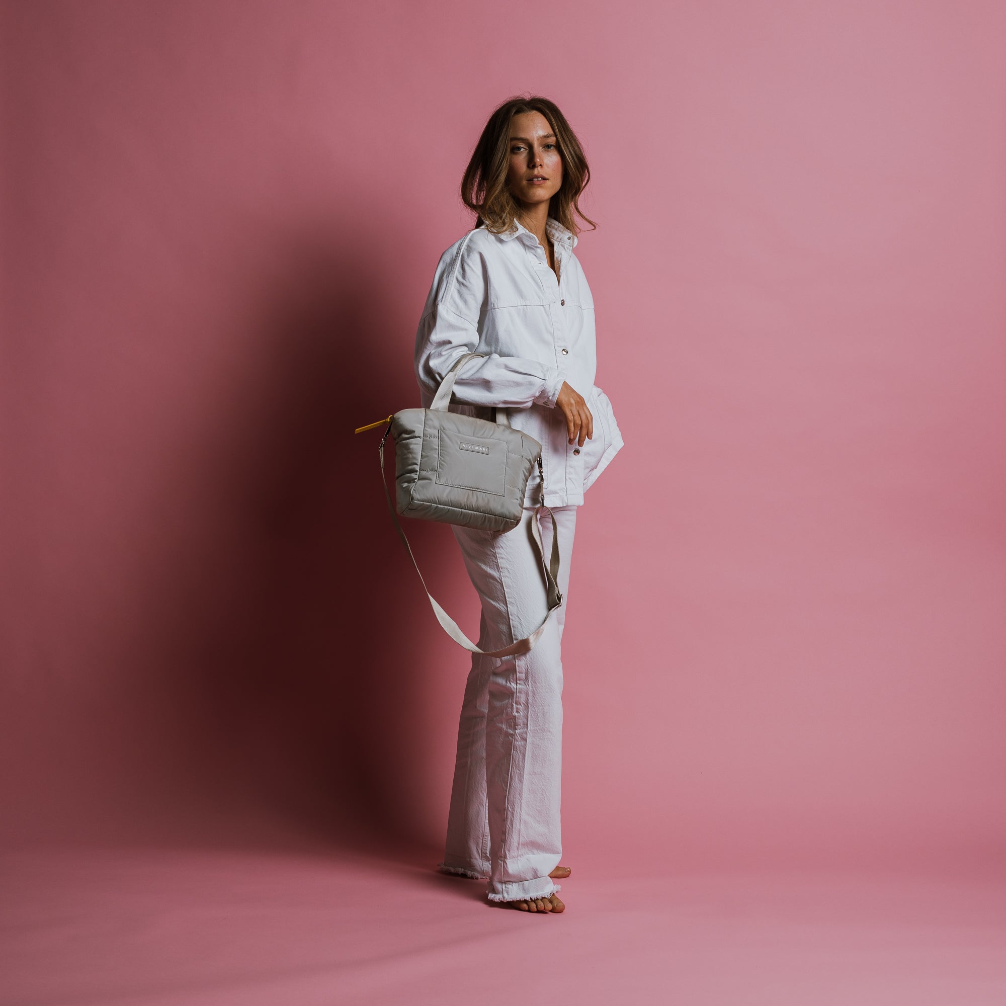 padded tote bag small + strap basic woven slim - stone - VIVI MARI