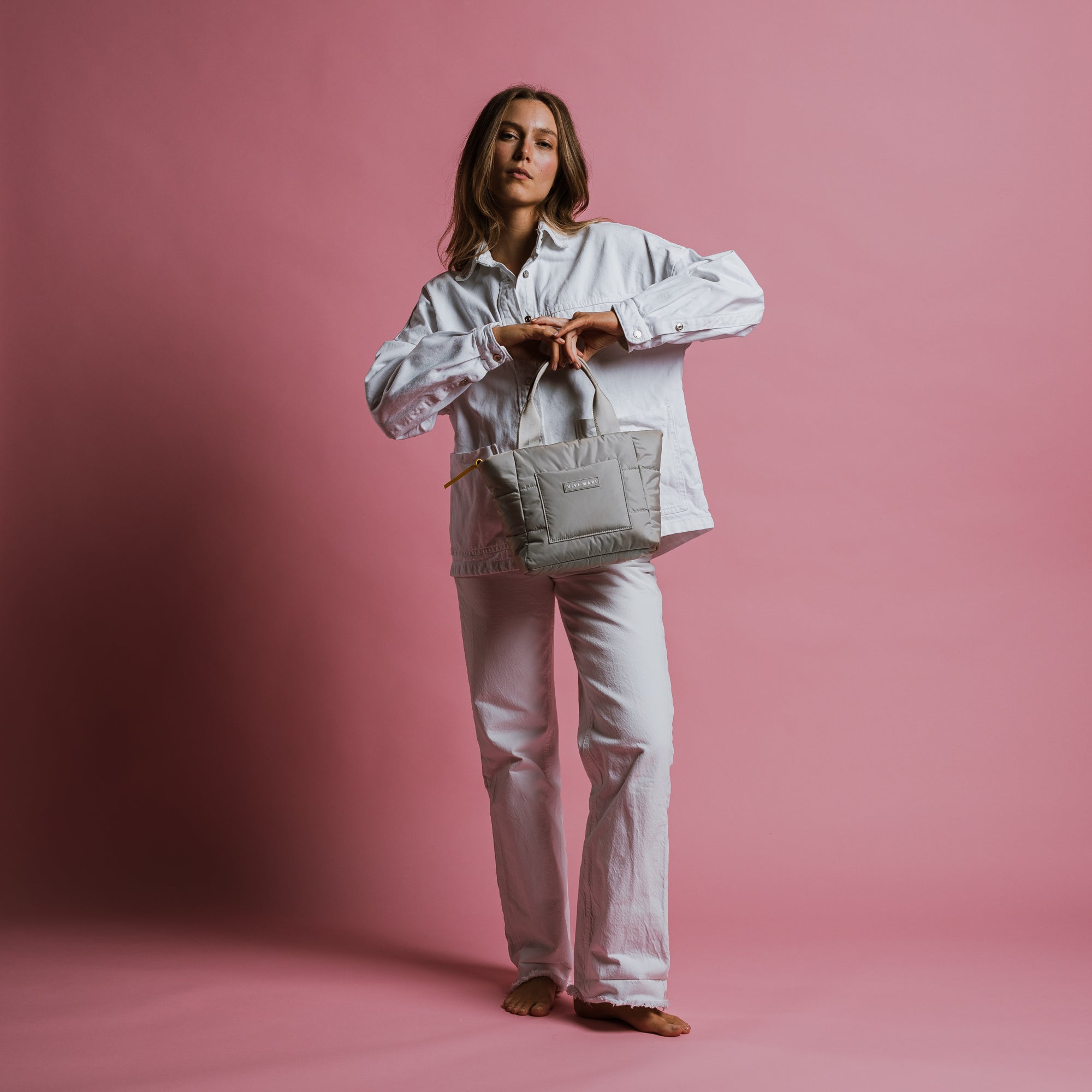 padded tote bag small + strap basic woven slim - stone - VIVI MARI