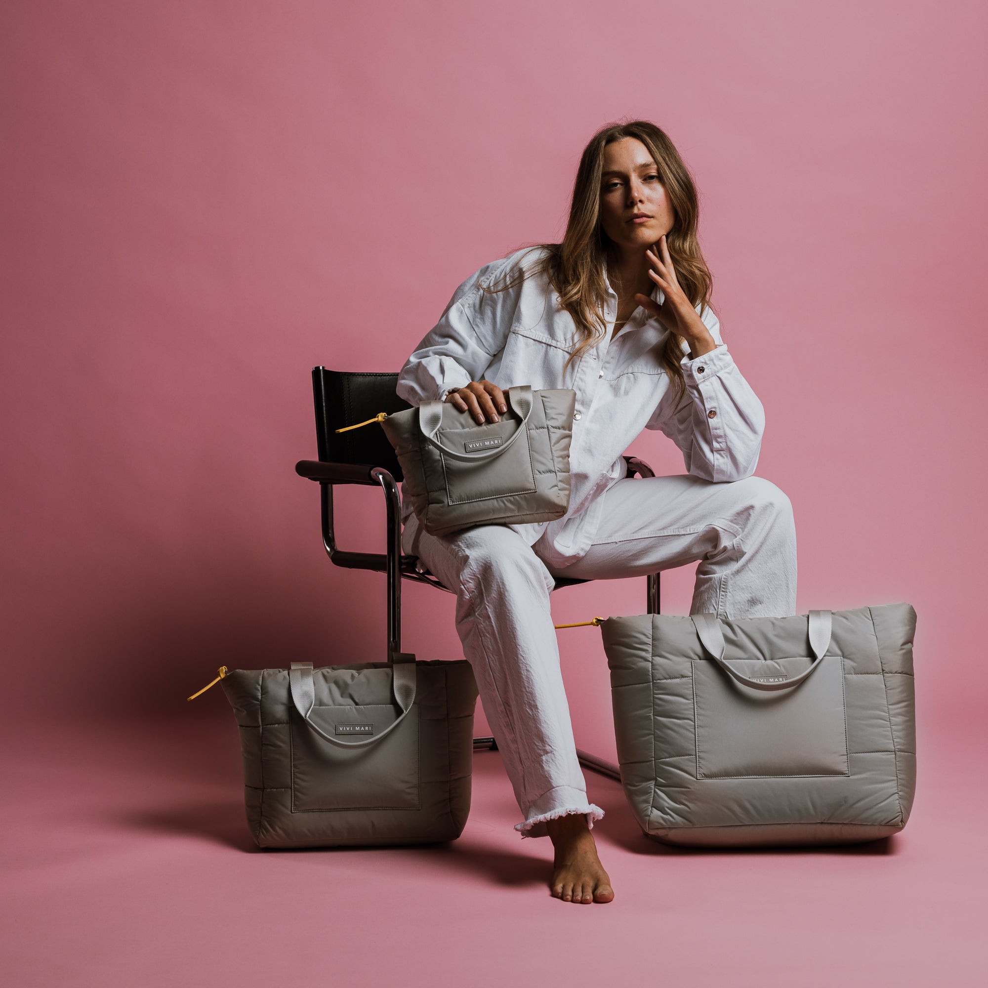 padded tote bag small + strap basic woven slim - stone - VIVI MARI