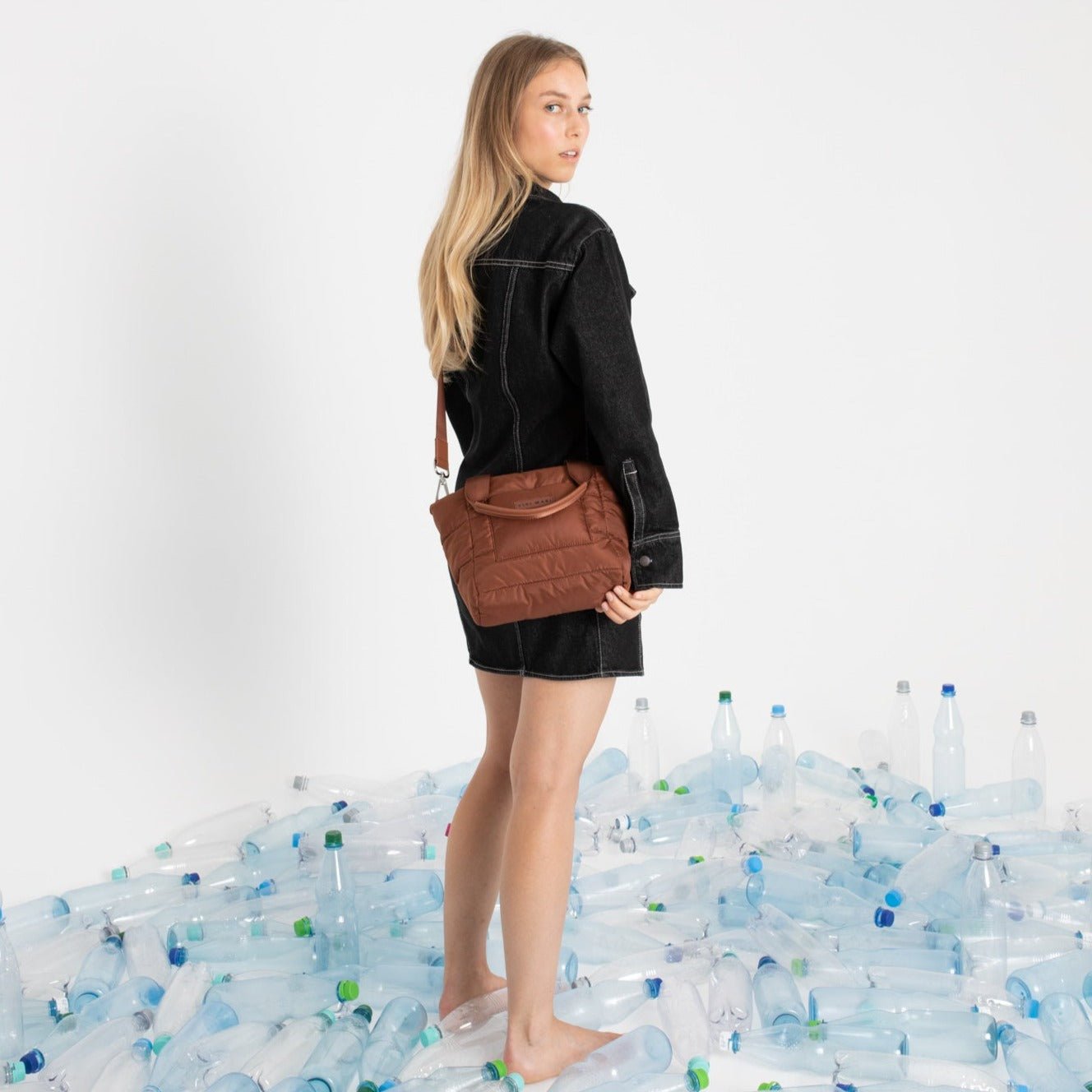 padded tote bag small + strap basic woven slim - tan - VIVI MARI