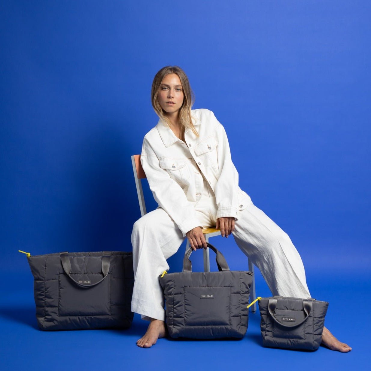 padded tote bag small + strap basic woven slim - taupe - VIVI MARI