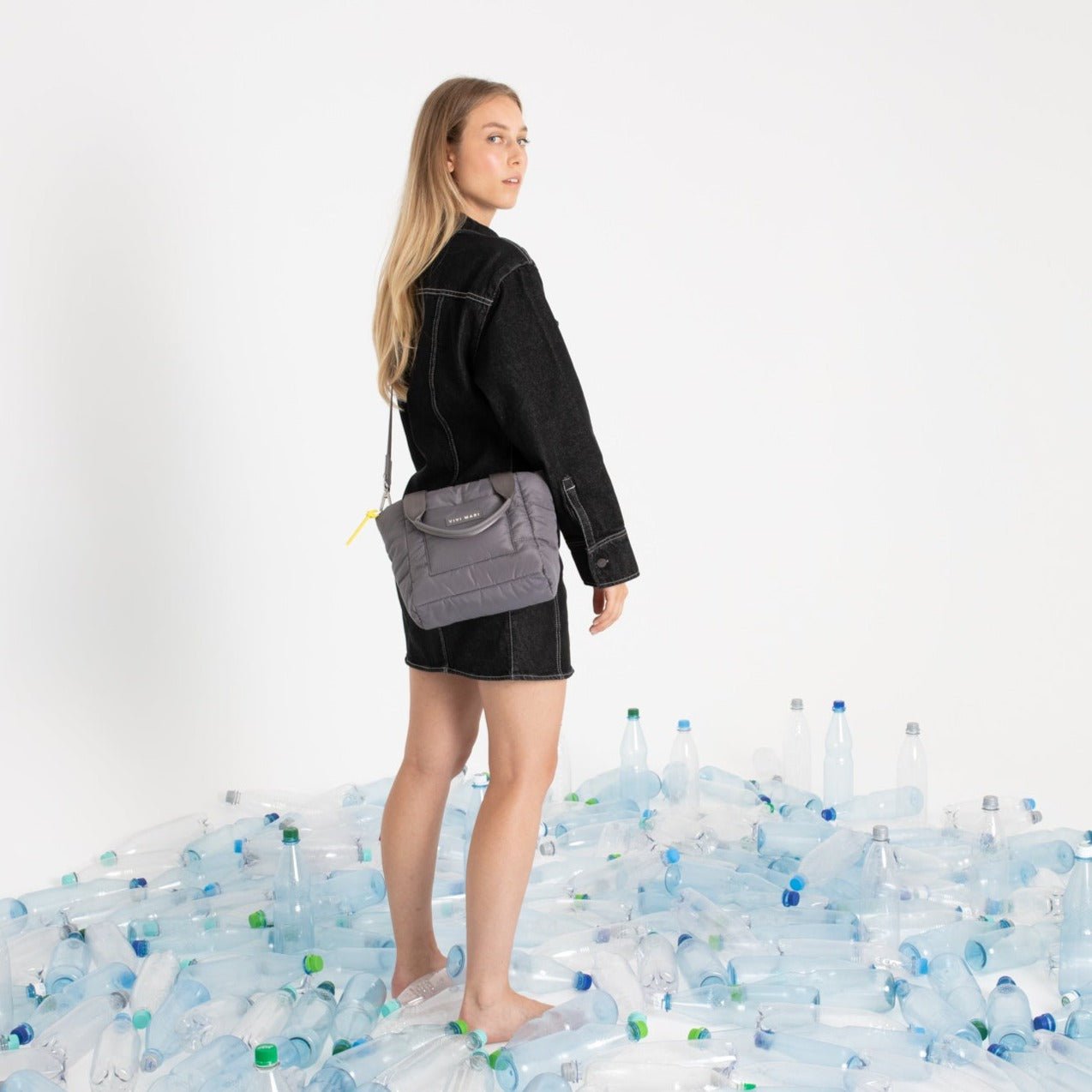 padded tote bag small + strap basic woven slim - taupe - VIVI MARI