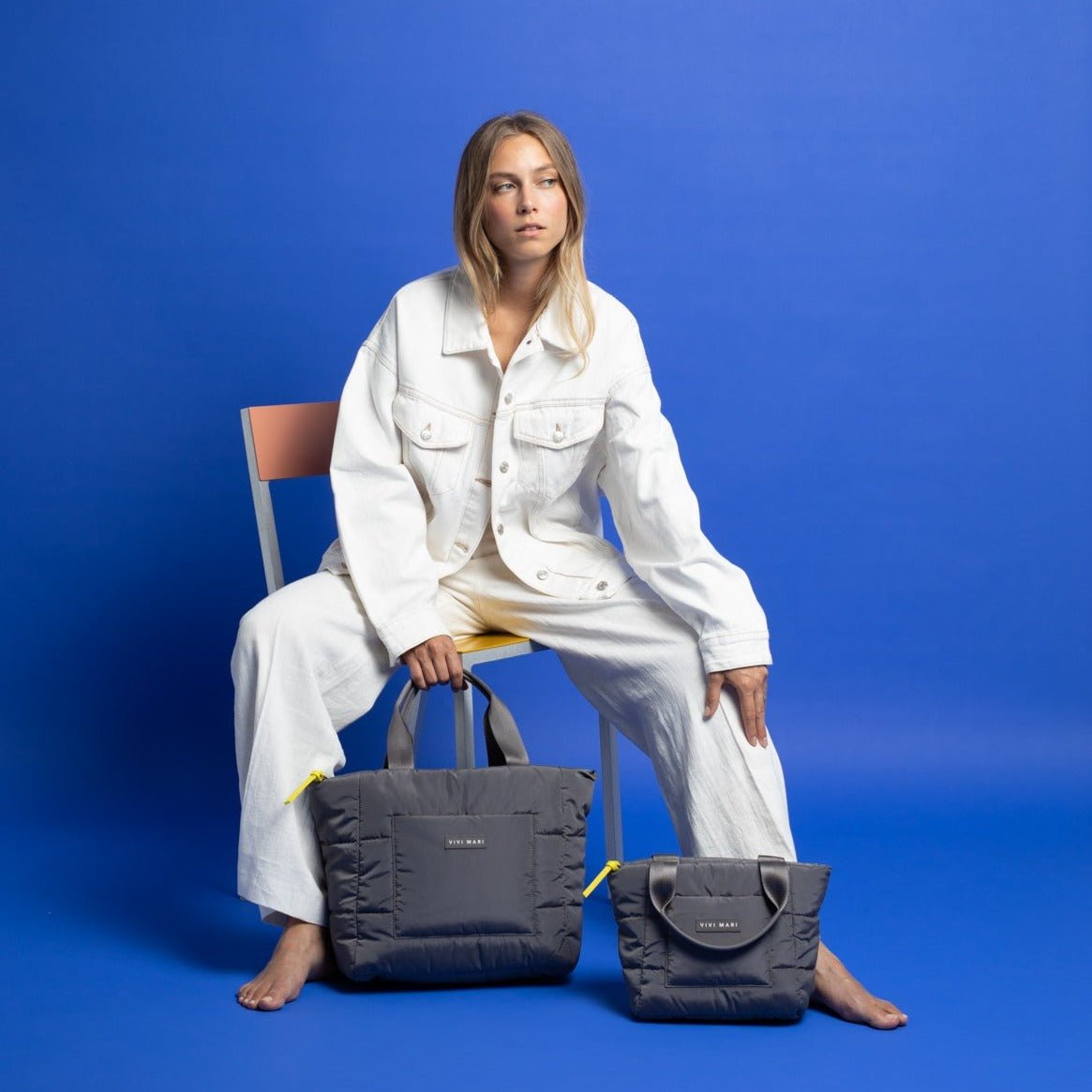 padded tote bag small + strap basic woven slim - taupe - VIVI MARI
