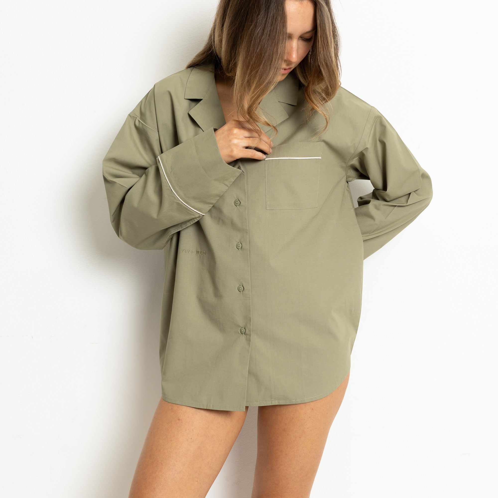 Pyjama Shirt long sleeve - solid pale olive - VIVI MARI