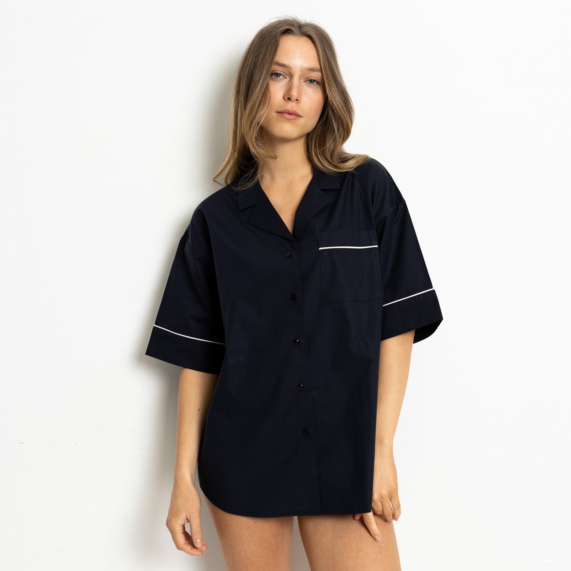 Pyjama Shirt short sleeve - solid navy - VIVI MARI