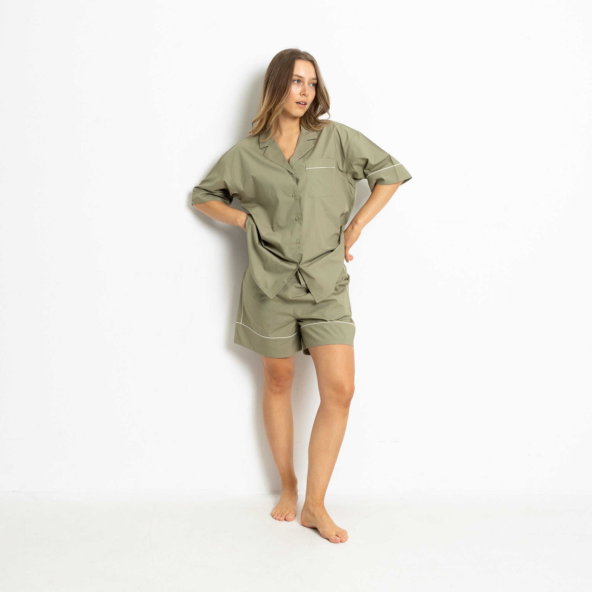 Pyjama Shirt short sleeve - solid pale olive - VIVI MARI