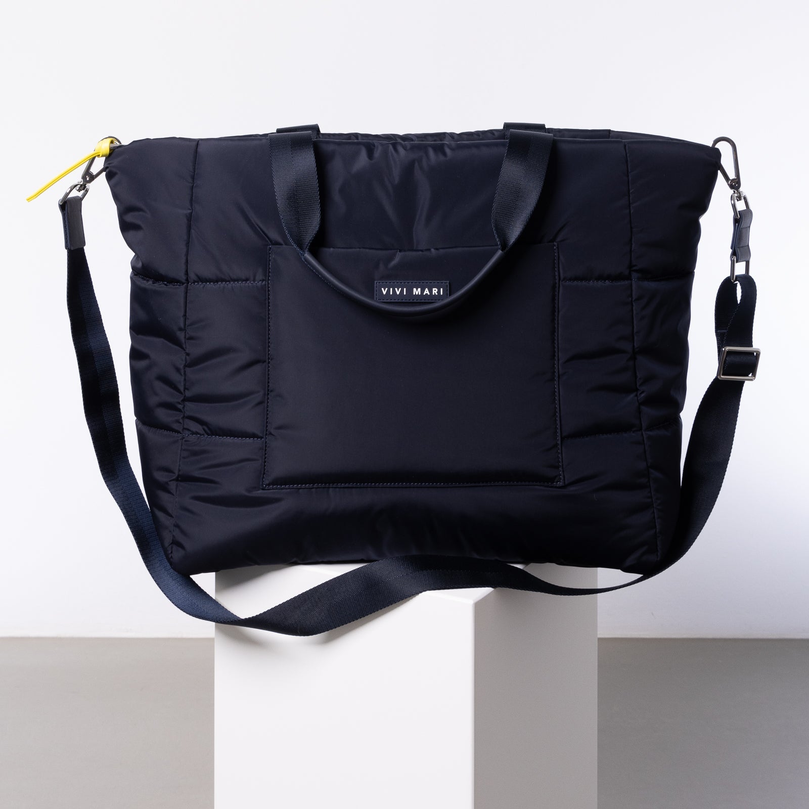 padded tote bag large + strap basic woven slim - navy - VIVI MARI