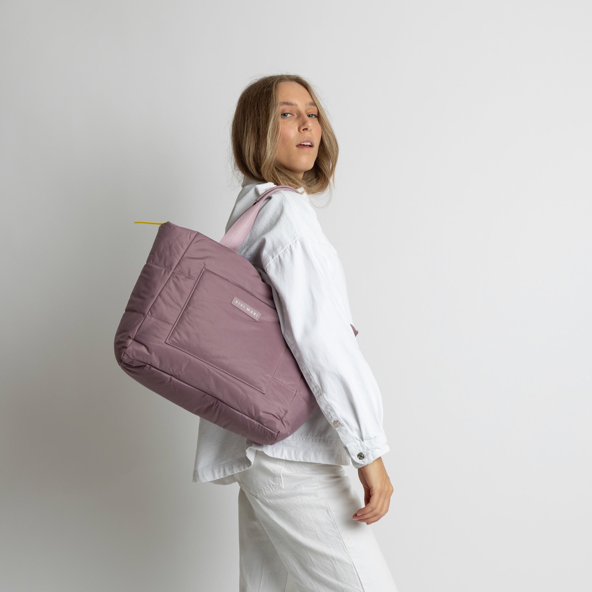 padded tote bag medium + strap basic woven slim - ash plum - VIVI MARI
