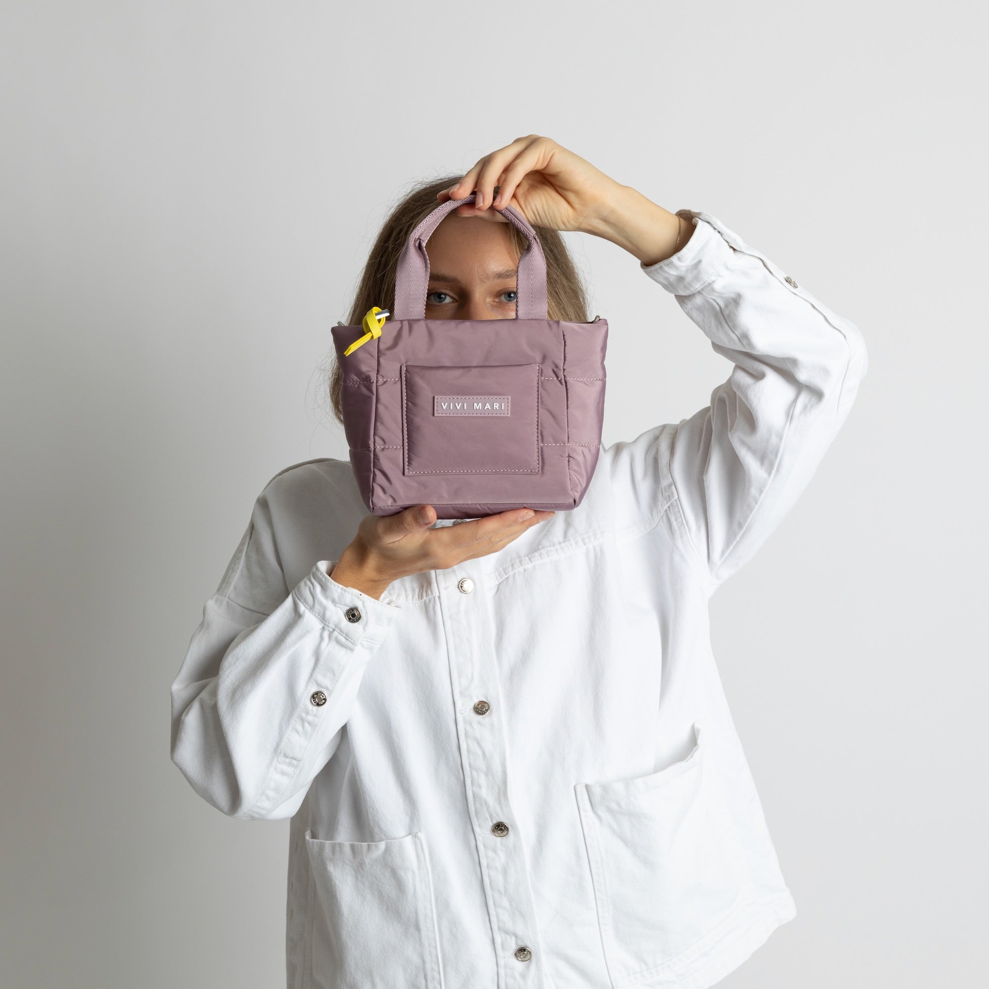 padded tote bag mini + strap basic woven slim - ash plum - VIVI MARI
