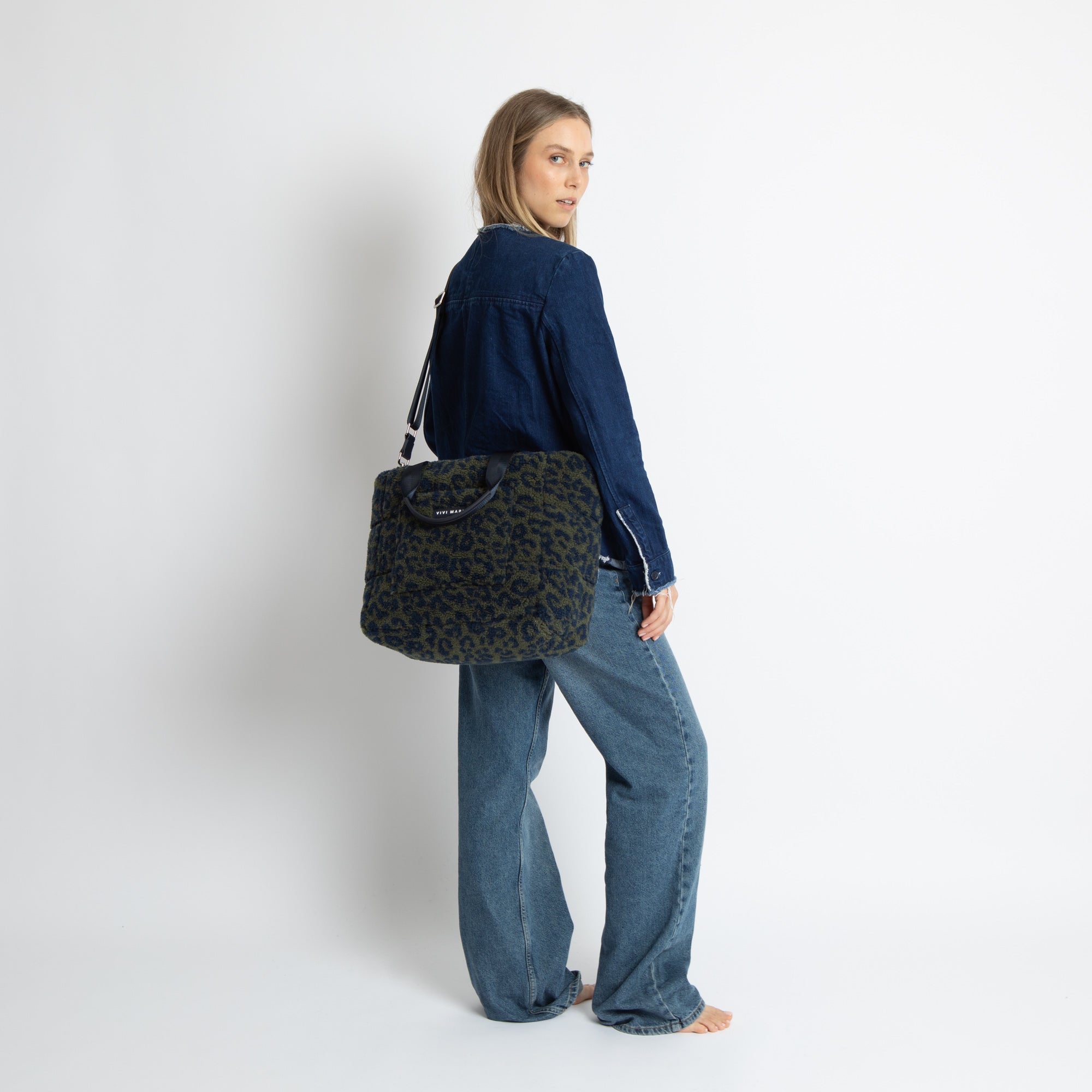 Teddy Tote Bag medium + strap basic woven slim - leo splashes navy/olive - VIVI MARI