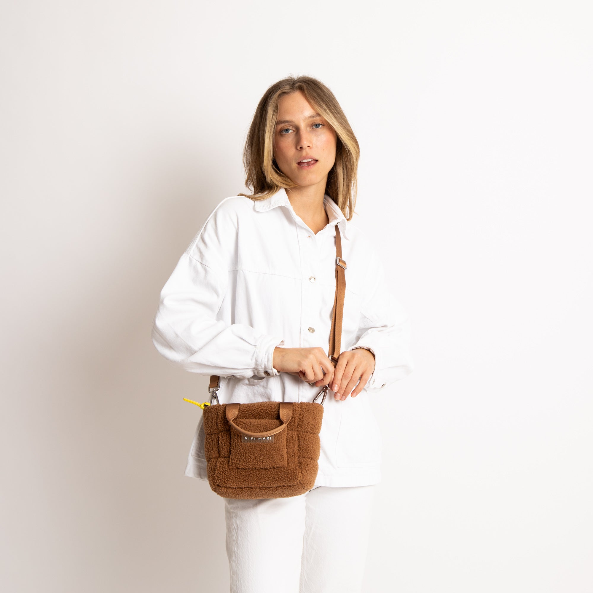 Teddy Tote Bag mini + strap basic woven slim - caramel - VIVI MARI