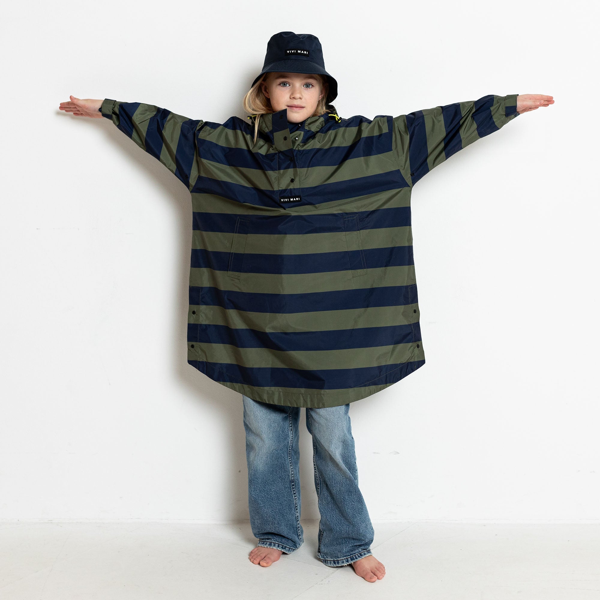 Kids Raincoat bold stripes navy/olive - VIVI MARI