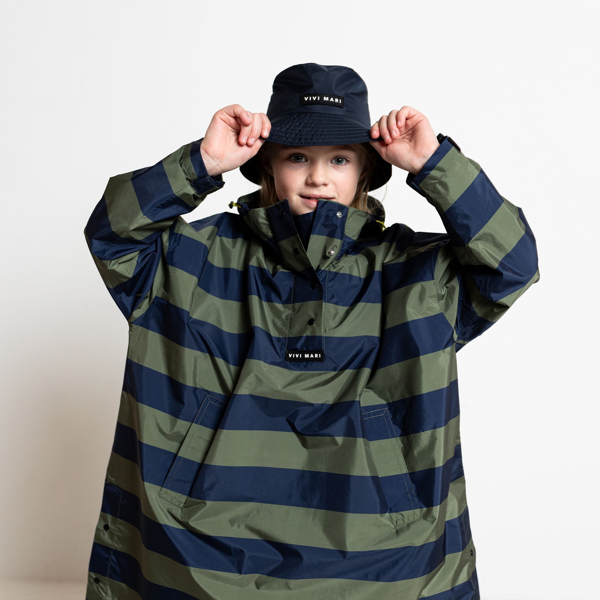 Kids Raincoat bold stripes navy/olive - VIVI MARI