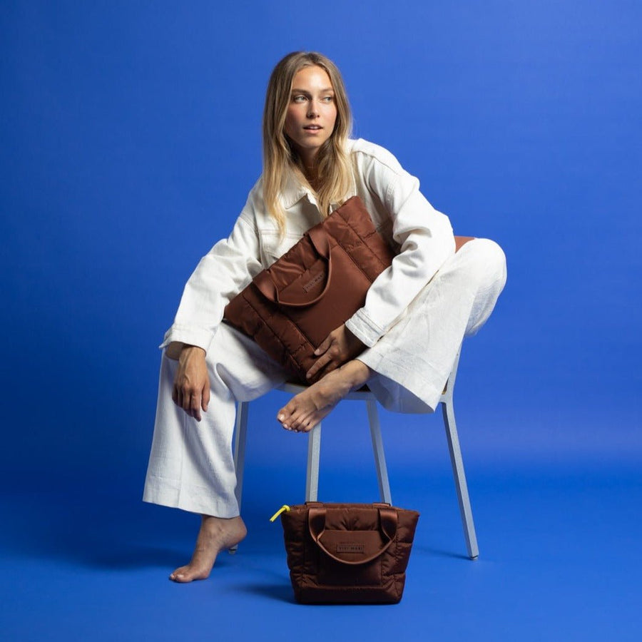 padded tote bag medium + strap basic woven slim - tan - VIVI MARI