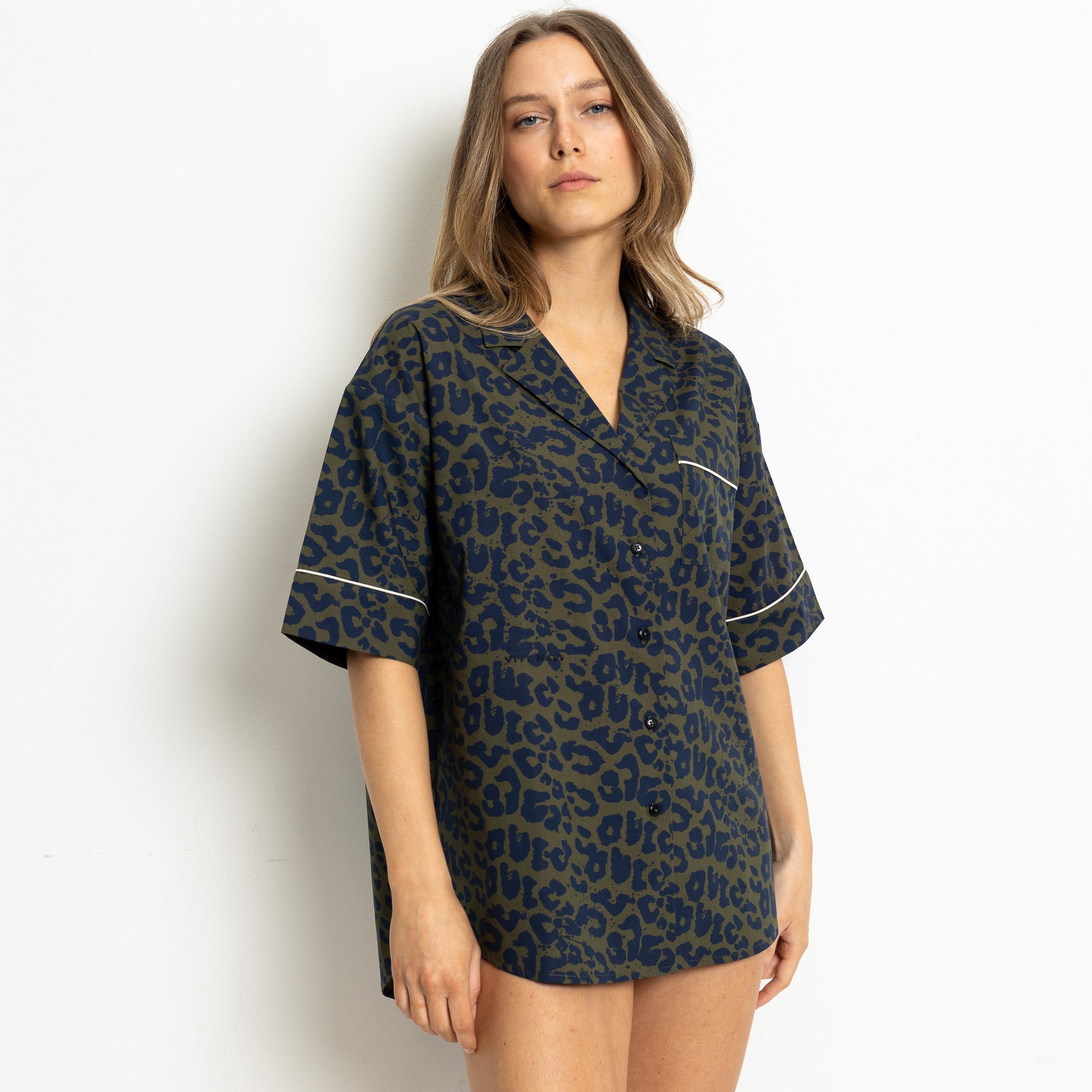 Pyjama Shirt short sleeve - leo splashes navy/olive - VIVI MARI